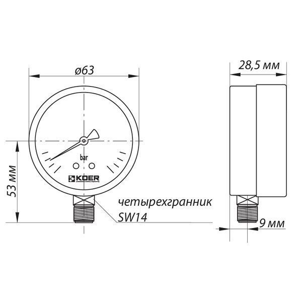 Манометр радіальний Koer KM.610R D = 63мм (0-10 bar) 1/4'' (KR2902) KR2902 фото